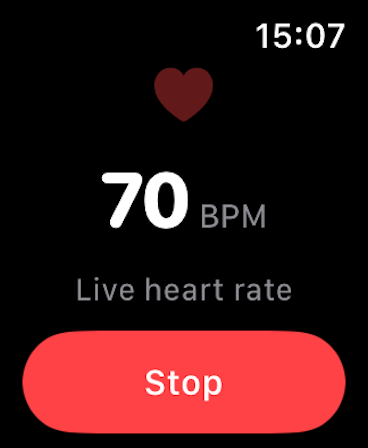 InteroHB Apple Watch app showing a live heart rate of 70 BPM with a Stop button